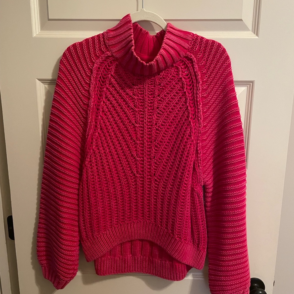 Free People Pink Turtleneck Sweater with Cable Knit